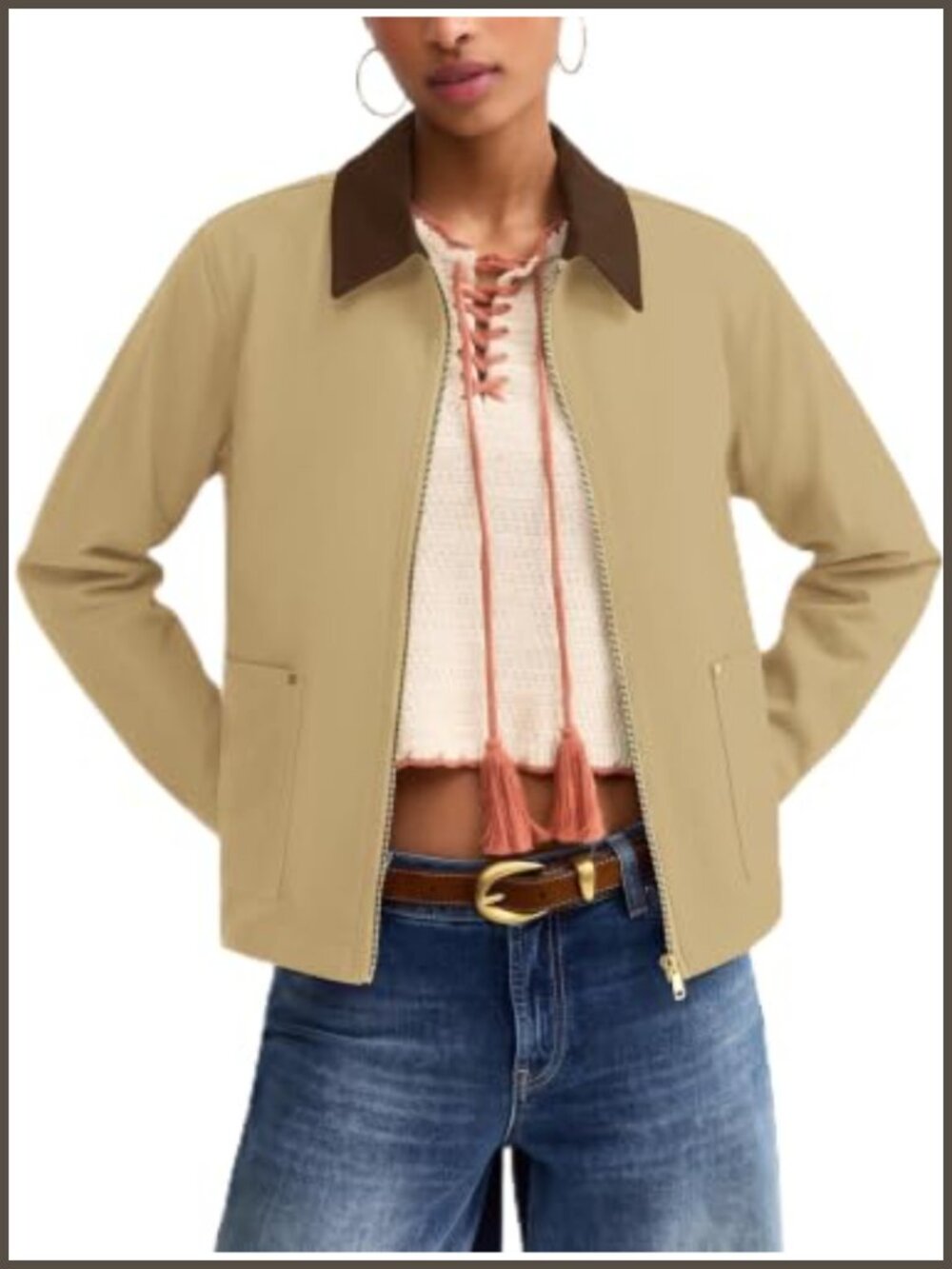 Womens Cropped Barn Jacket Zip Up Lightweight Casual Coat Pockets